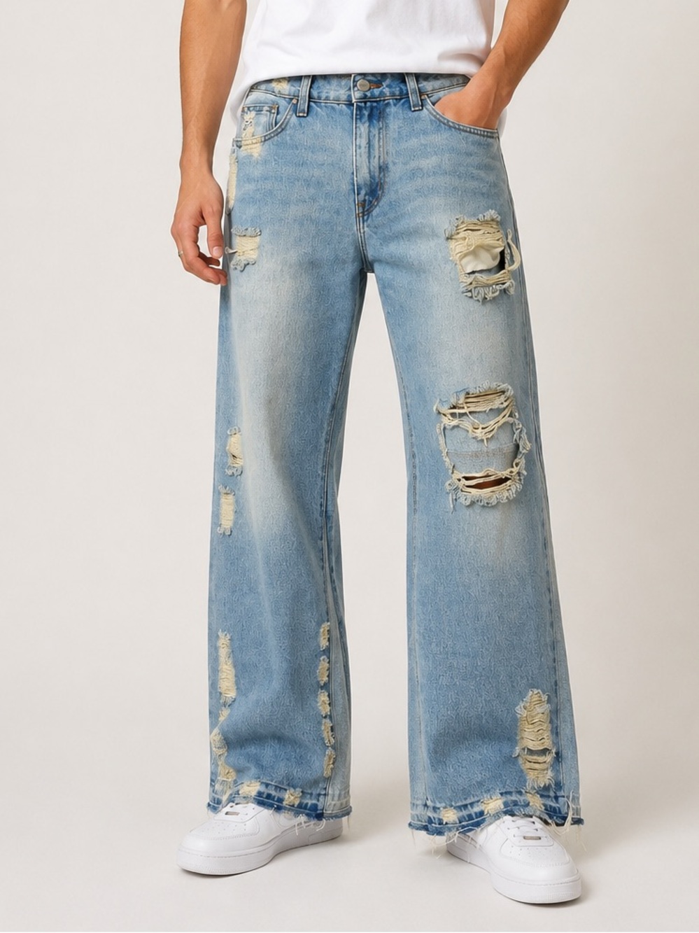 First Row Men’s Distressed Wide Leg Jeans‎ NWT Size 32 Light Wash FRD3104 denim